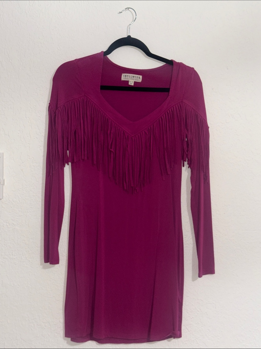 Idyllwind Magenta Fringe-Trim Long Sleeve Dress